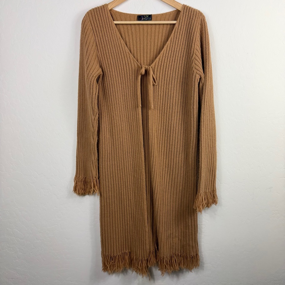 Eye Candy Vintage Y2K Tie Front Knit Ribbed Sweater Maxi Fringe Cardigan OS